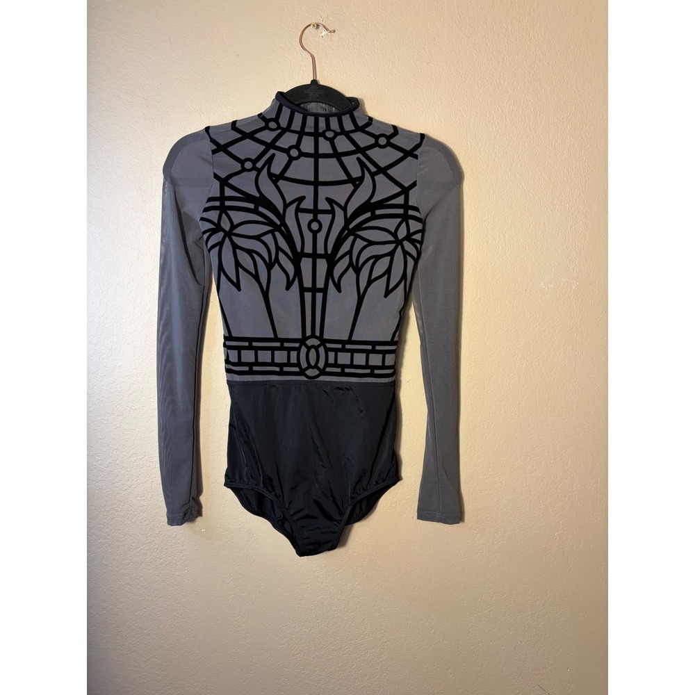 Weissman Grey Black Flocked Velvet Mesh Long Sleeve Dance Bodysuit SA Halloween
